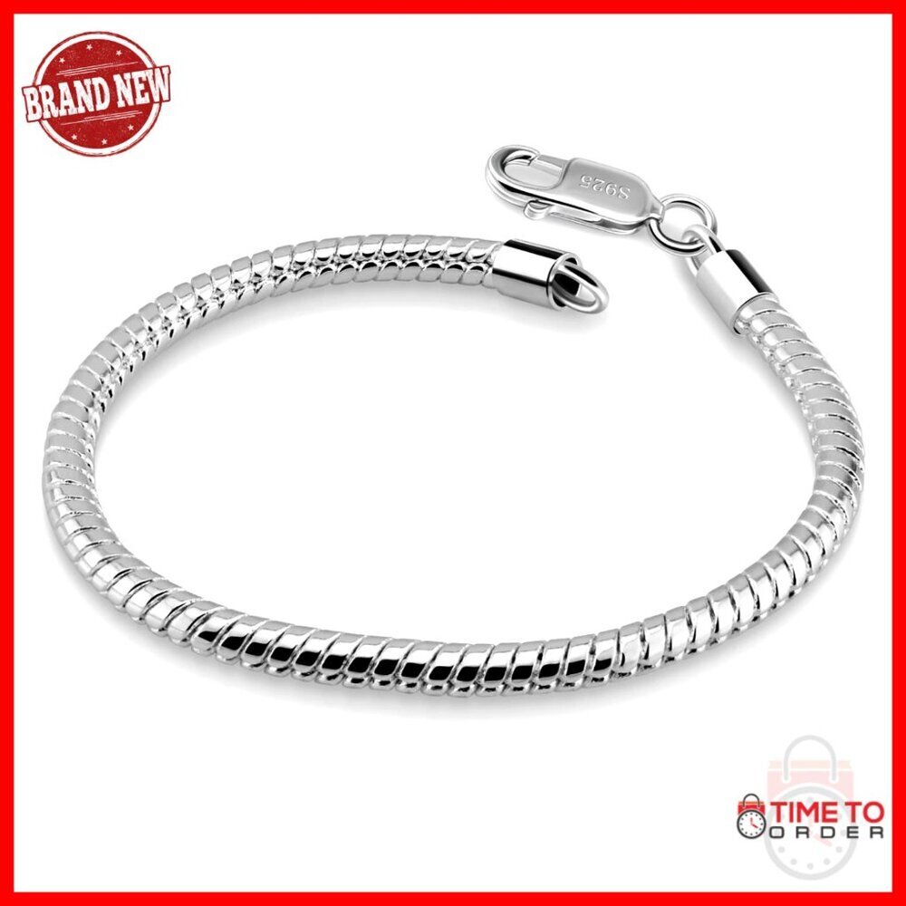 Men's Sterling Silver Snake Chain Bracelet 3-4mm Round Link 8 Inch